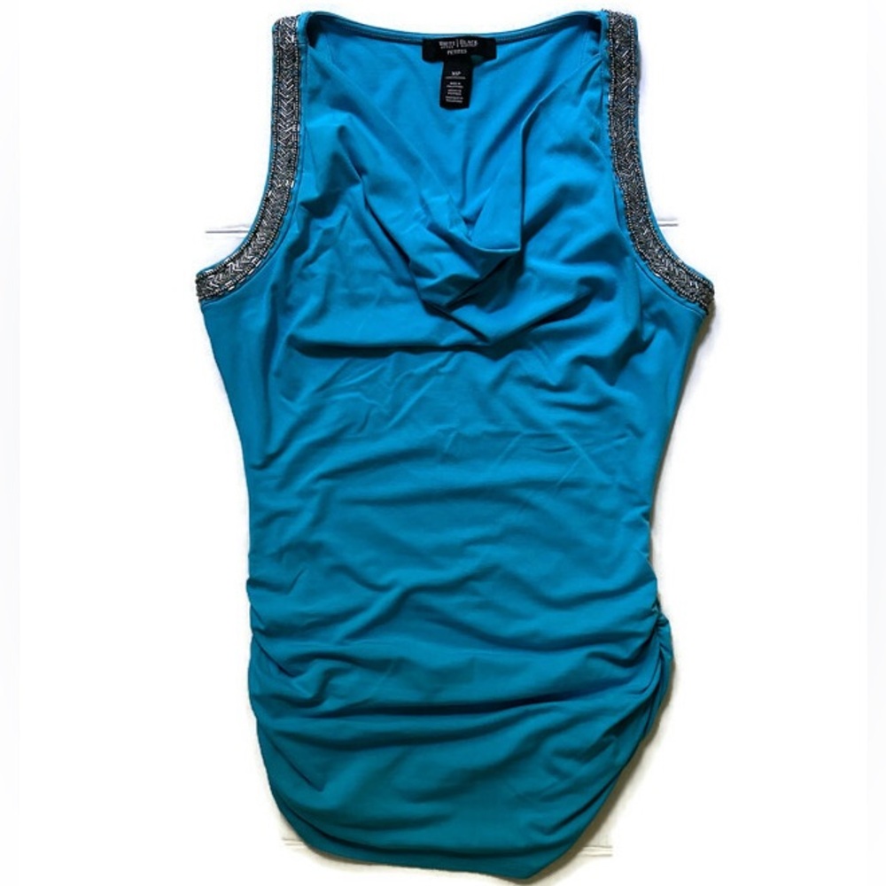 White House Black Market Blue Draped Beaded Embellished Ruched Tank XSP